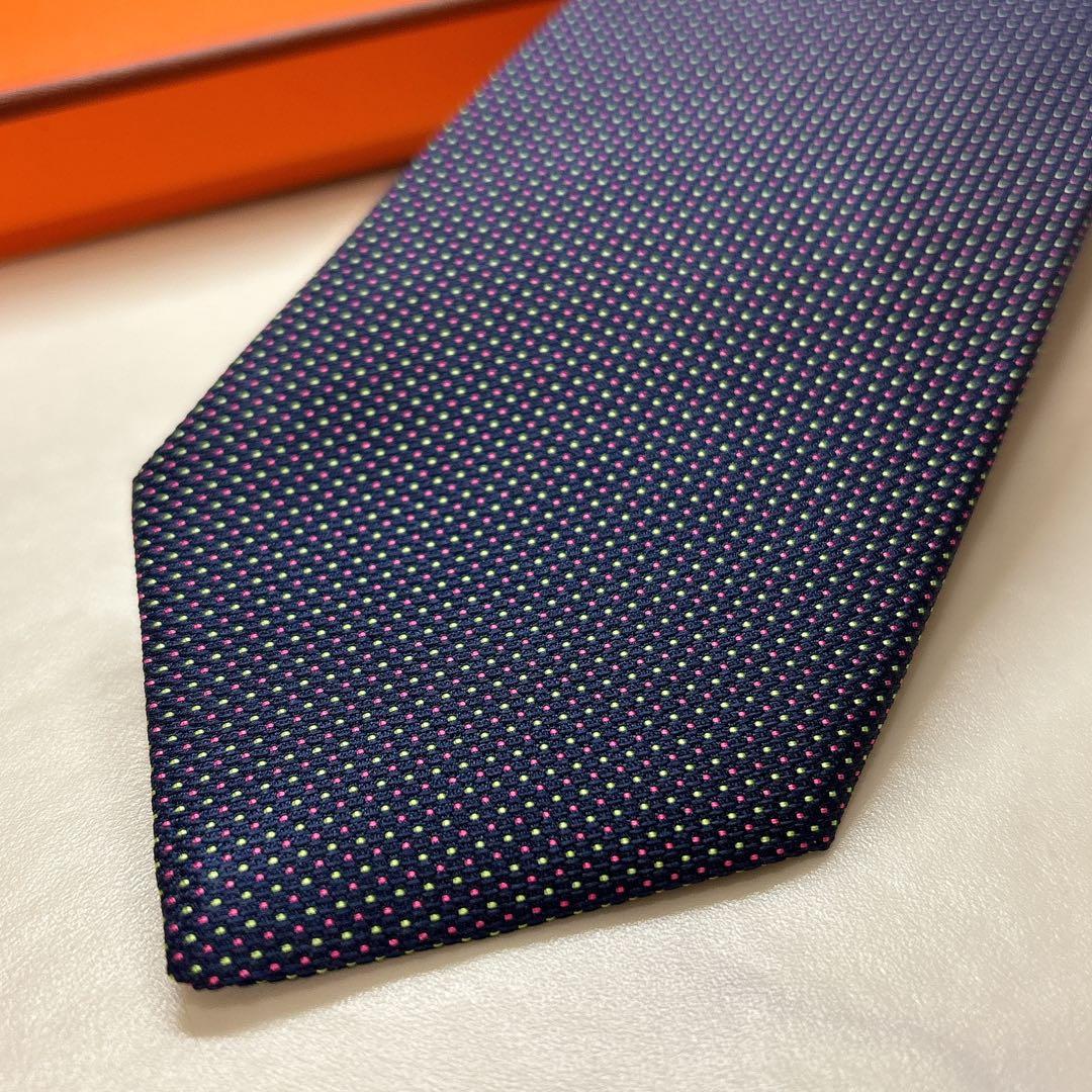 未使用 エルメス ジャガード織 ネクタイ マイクロドット ネイビー 箱付