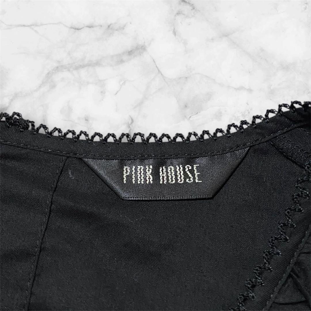 人気】PINK HOUSE ピンクハウス フリル リボン 半袖ブラウス ブラック