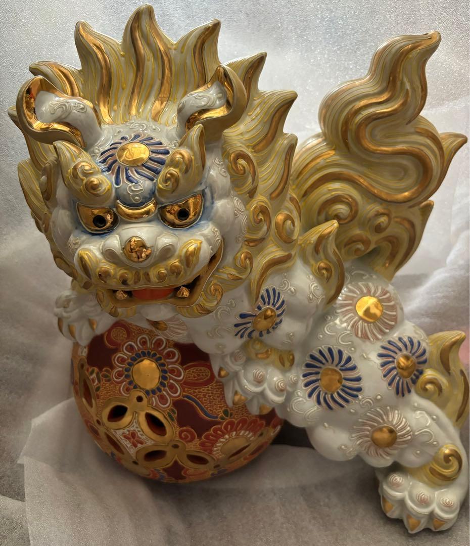 超大型35cm 豪華 九谷 大吉釜 玉乗り獅子 狛犬