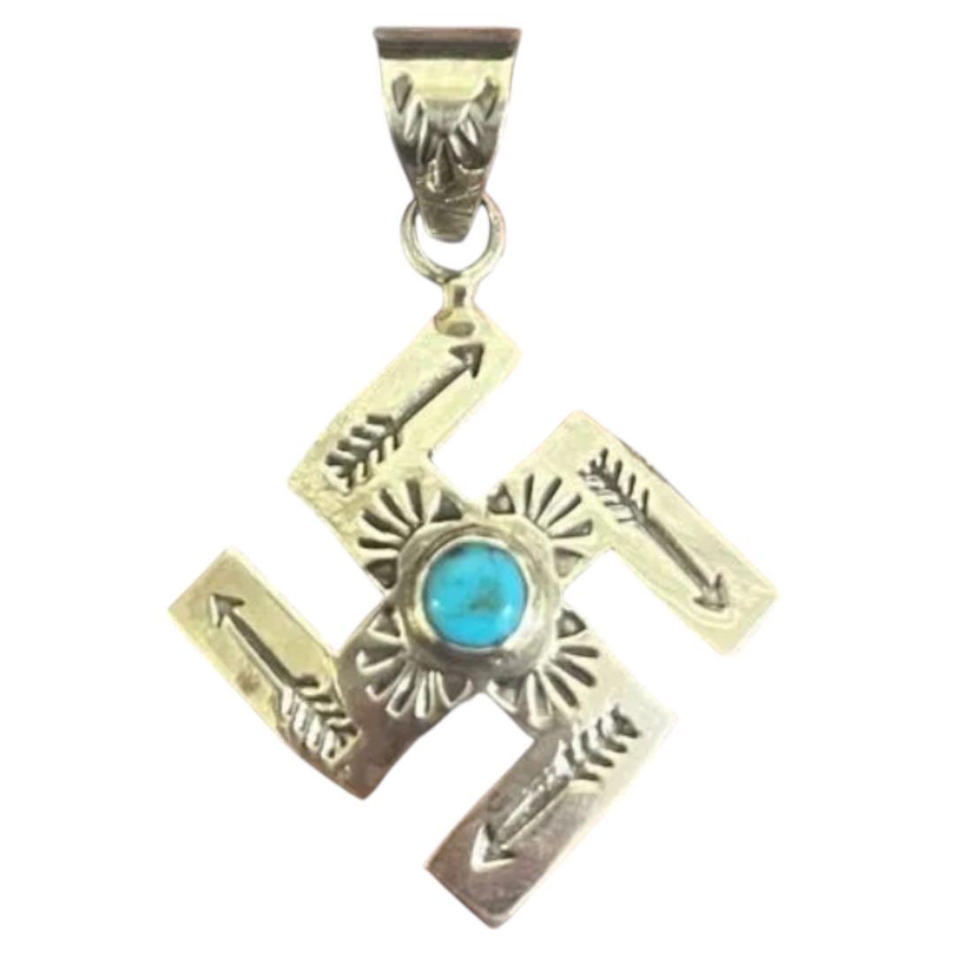 ナバホ 逆卍 ターコイズ トップ シルバー925 彫刻 一点物 スワスティカ