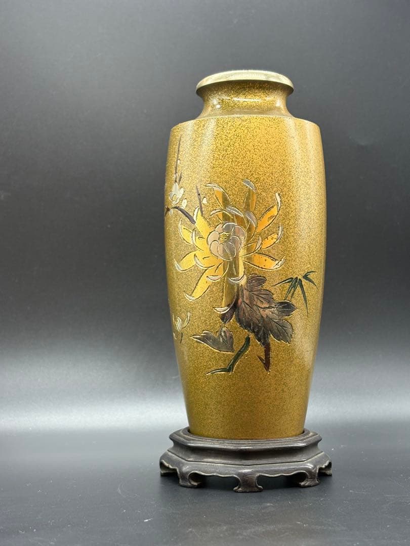 鋳銅 唐木花台付 花紋 花瓶 /金工 花器 花入