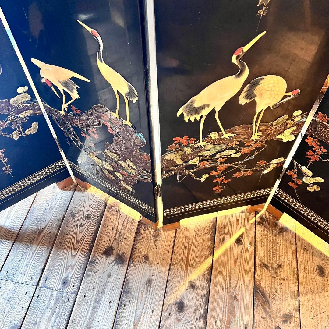 一点　中国美術 螺鈿細工 鶴　年代物　パーテーション 飛天 漆器 天水