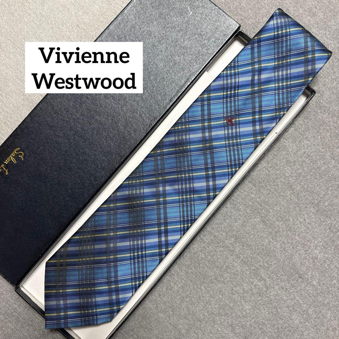 美品　ヴィヴィアンウエストウッド　ネクタイ　青紺　オーブ柄　チェック