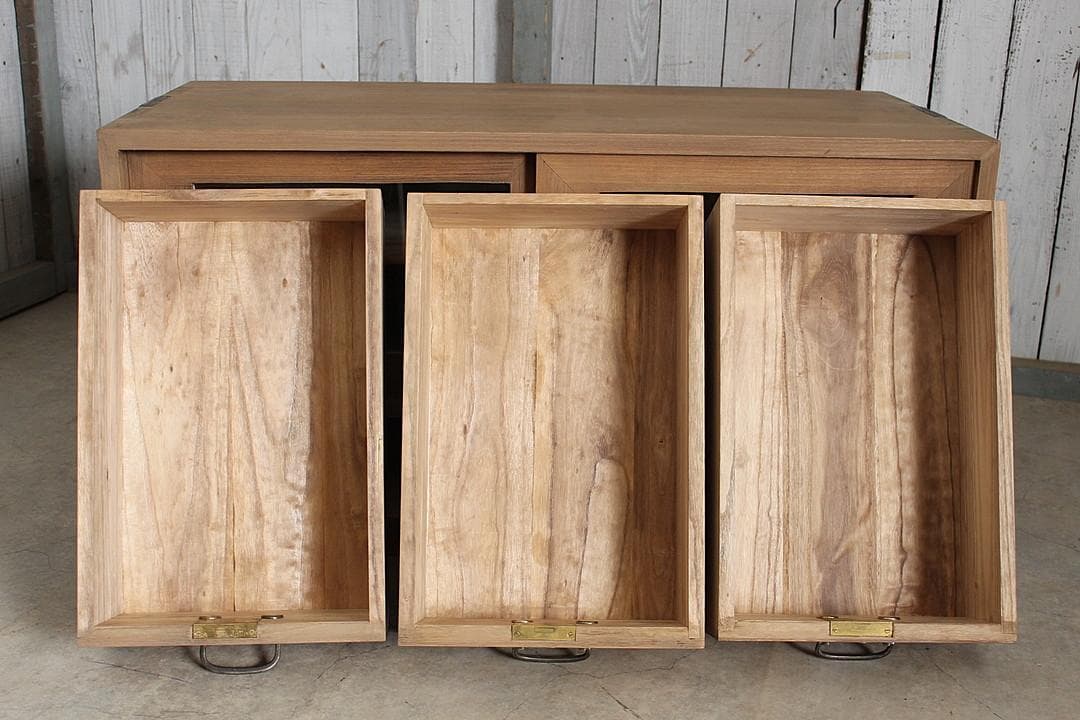 古いガラス戸棚×木製小引き出し3杯　ローチェスト　ローボード　古家具