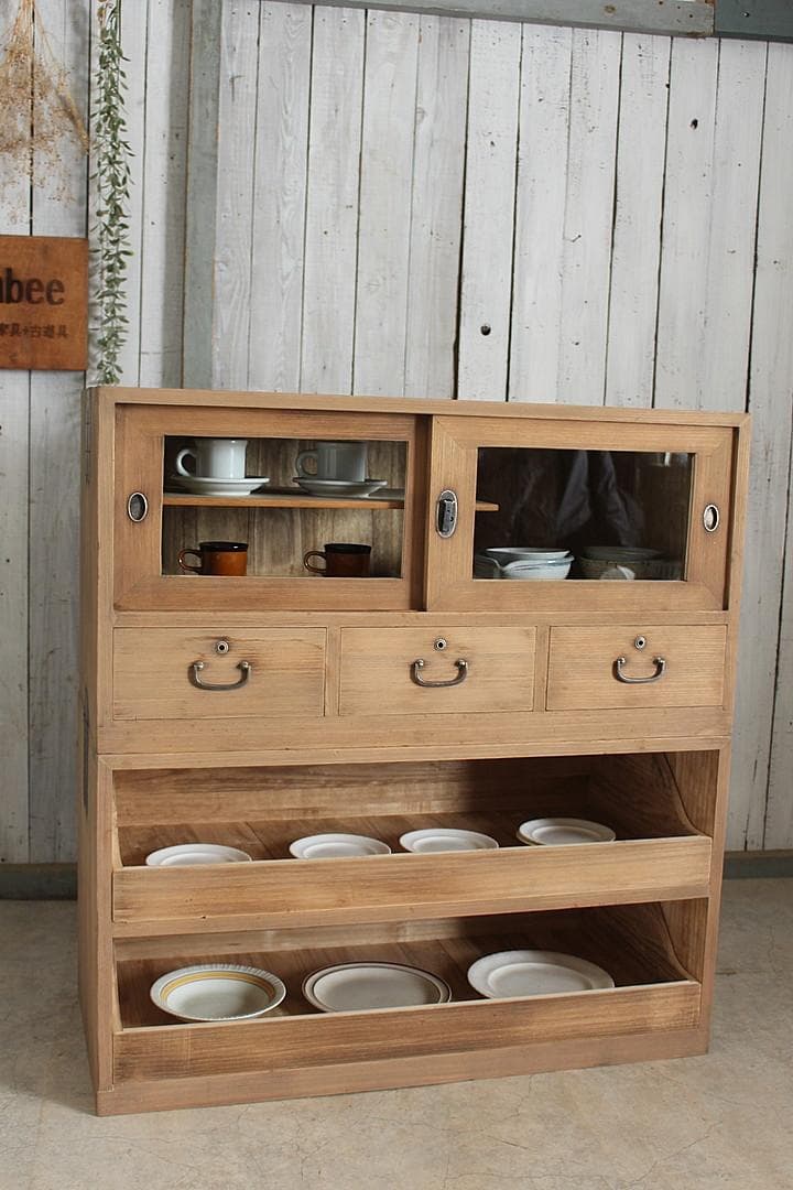 古いガラス戸棚×木製小引き出し3杯　ローチェスト　ローボード　古家具