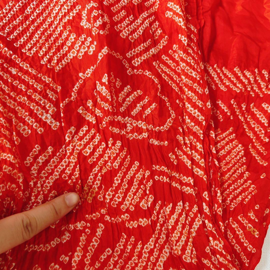 セット　七五三７歳女の子　着物＆帯＆長襦袢＆小物　オレンジ　花御所車　牡丹　鶴