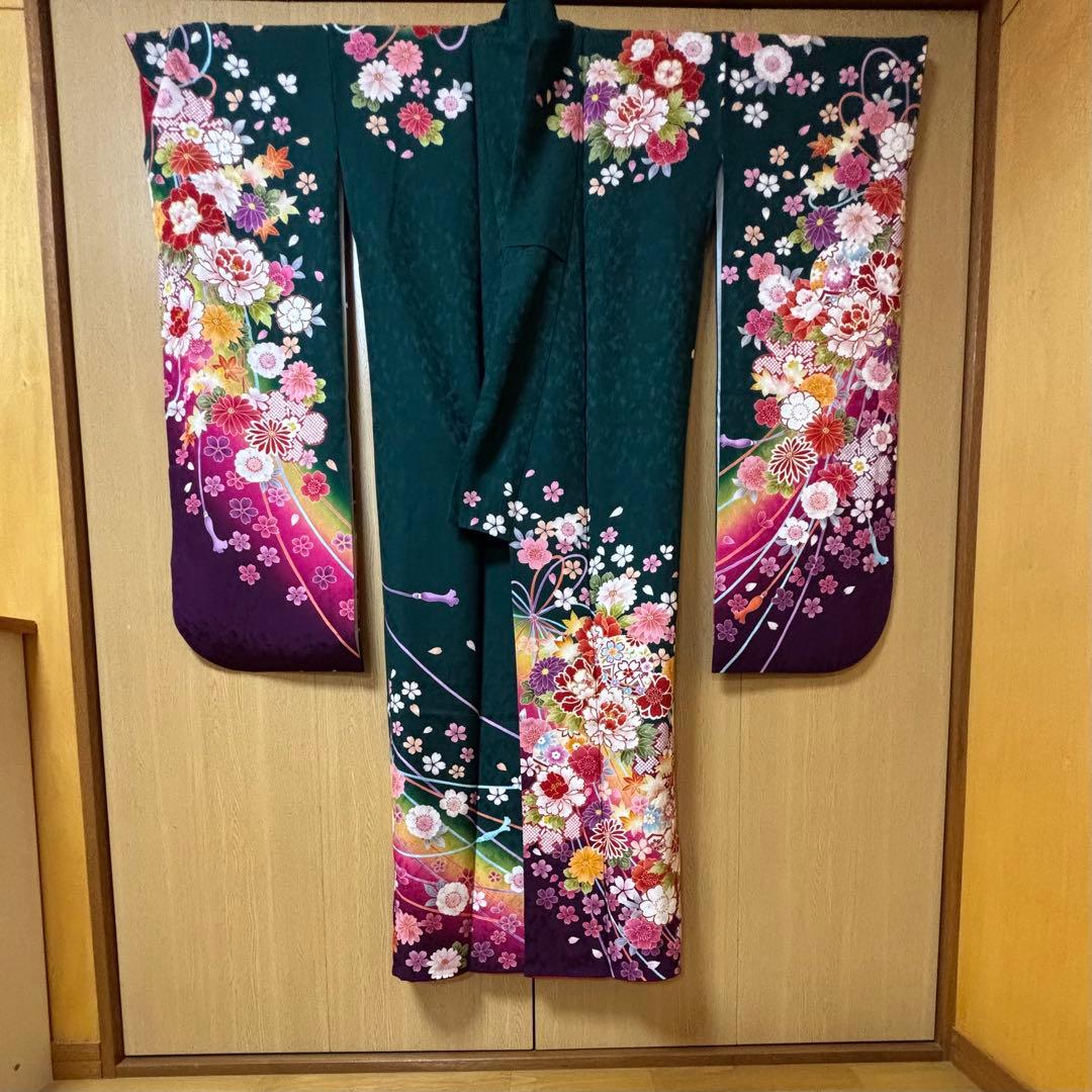 振袖　草履・バッグ・ファー・和装小物付き　正絹　京都きもの友禅　身丈160cm