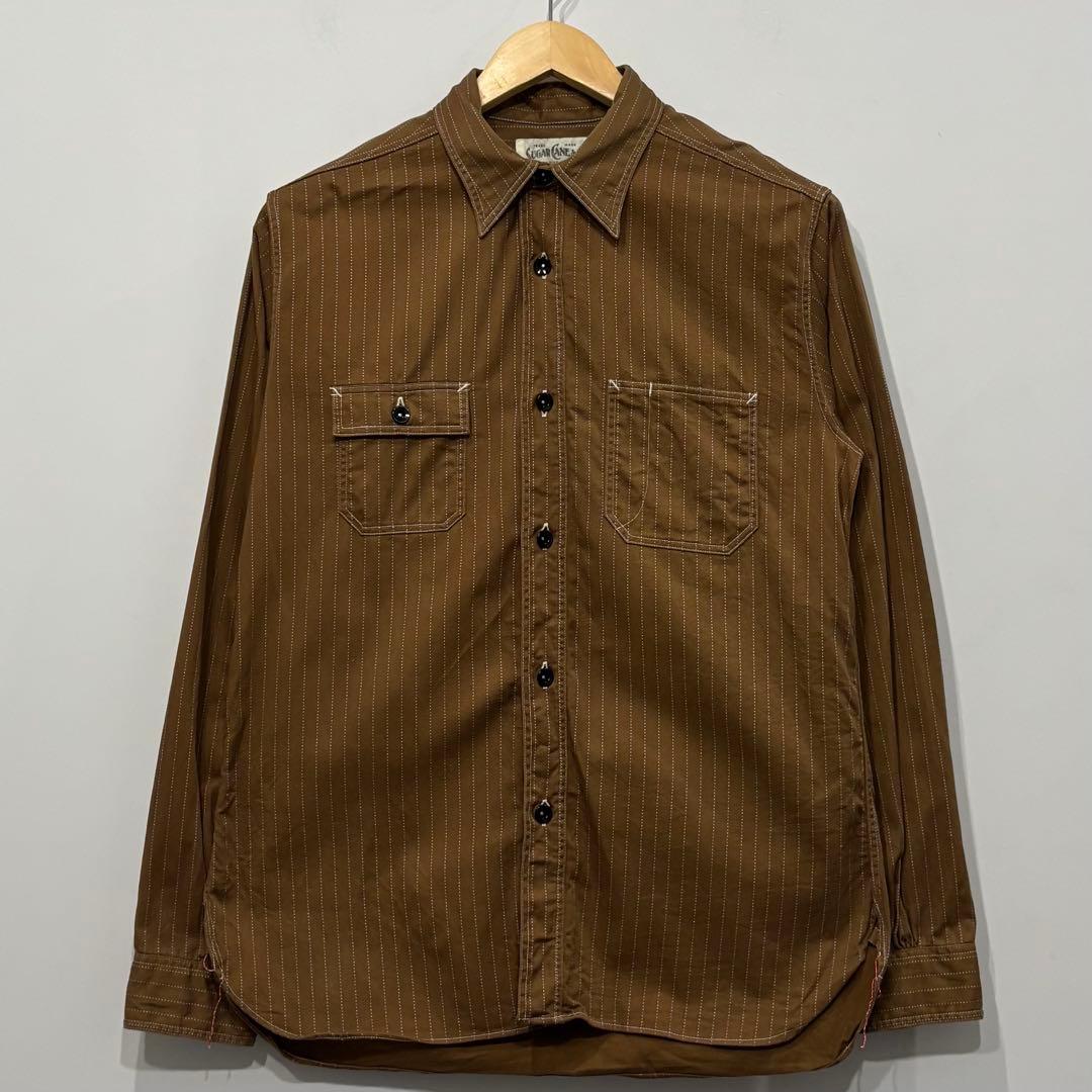 美品 シュガーケーン ブラウン ウォバッシュ ストライプ ワーク シャツ M