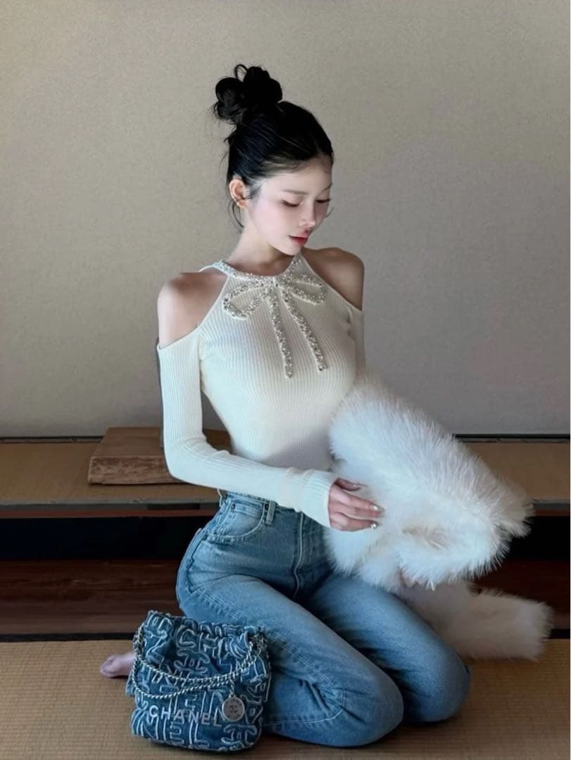 新品タグ付 ダーリッチ リボンビジューアメスリニットトップス アイボリー