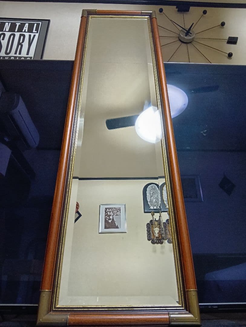 イタリア製　ウォールナット　ブラス　真鍮　金具　ビンテージ　ウォールミラー　姿見