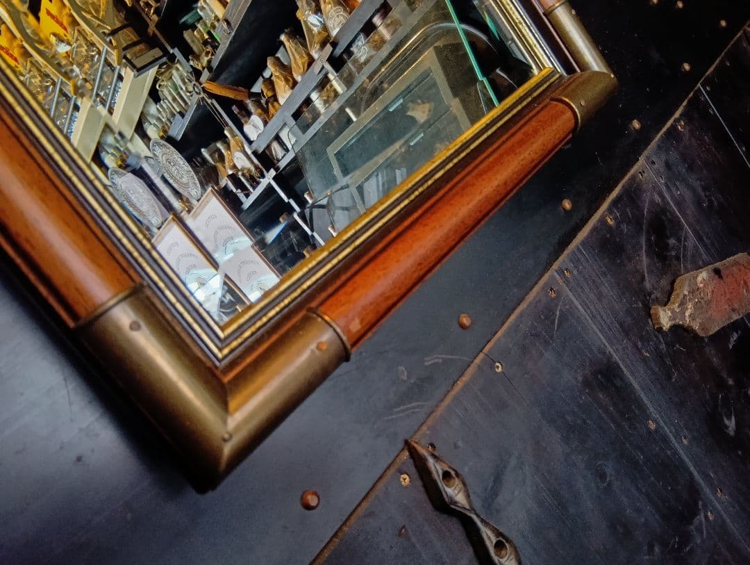 イタリア製　ウォールナット　ブラス　真鍮　金具　ビンテージ　ウォールミラー　姿見