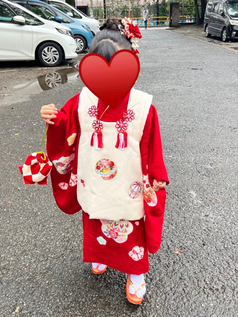 想美一　正絹　真紅　美品　絞り手描き七五三着物セット　3歳　白被布　日本製