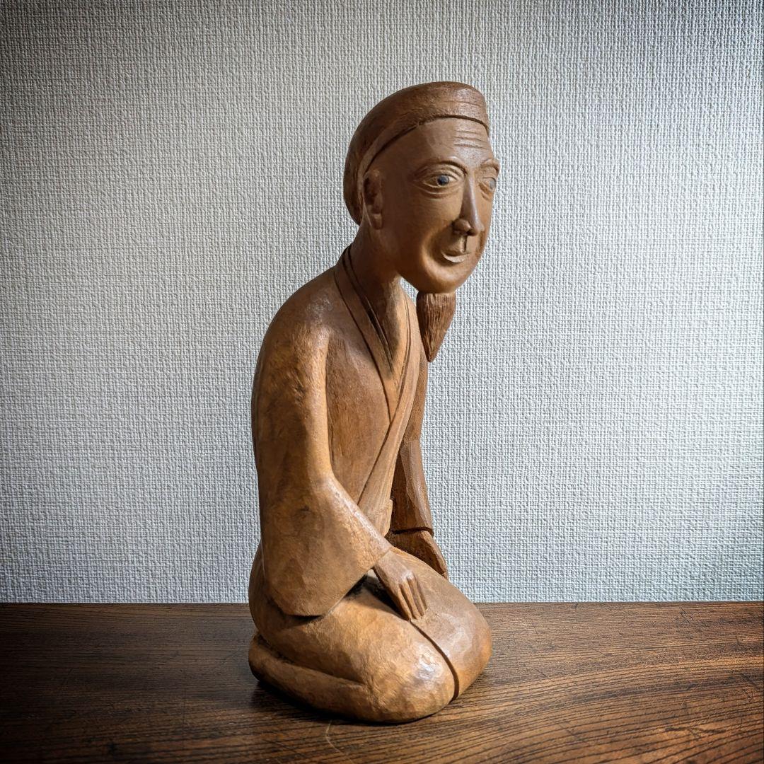 千利休 木彫 像 高さ24.5cm 茶道具 オブジェ 手彫り 木像 置物