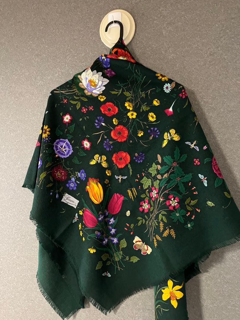 GUCCI グッチ 大判 ショール ストール ウール 花柄 美品　カーキ　みどり