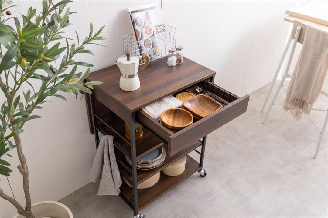【送料無料】【幅36〜69cm】伸縮式キッチンワゴン バタフライ式 収納 棚