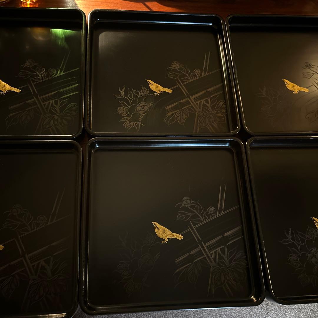 本堅地請合　漆　沈金　お盆×5