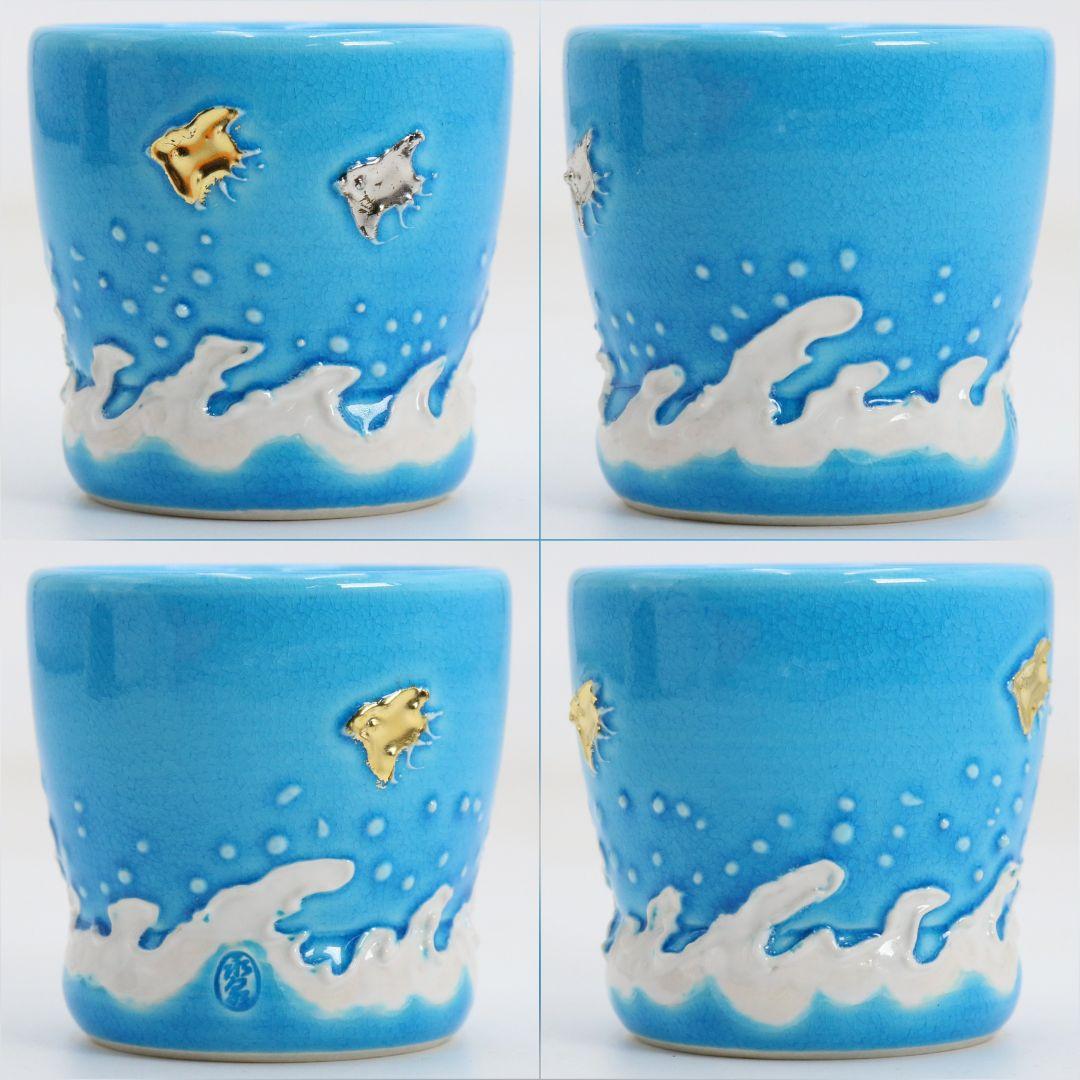 勝見永泉作 浅黄交趾焼 波千鳥 蓋置 茶道具 共箱共布　C866　N6