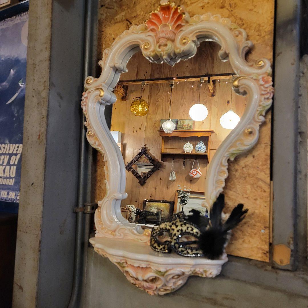 ヴィンテージ調 壁掛けミラー 飾り棚付き ロココ調 アンティーク風 鏡