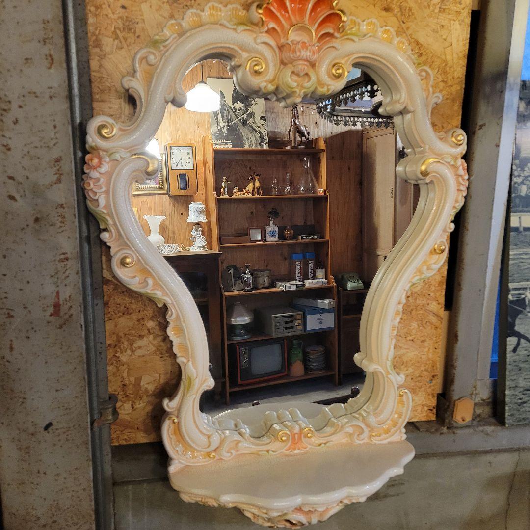 ヴィンテージ調 壁掛けミラー 飾り棚付き ロココ調 アンティーク風 鏡