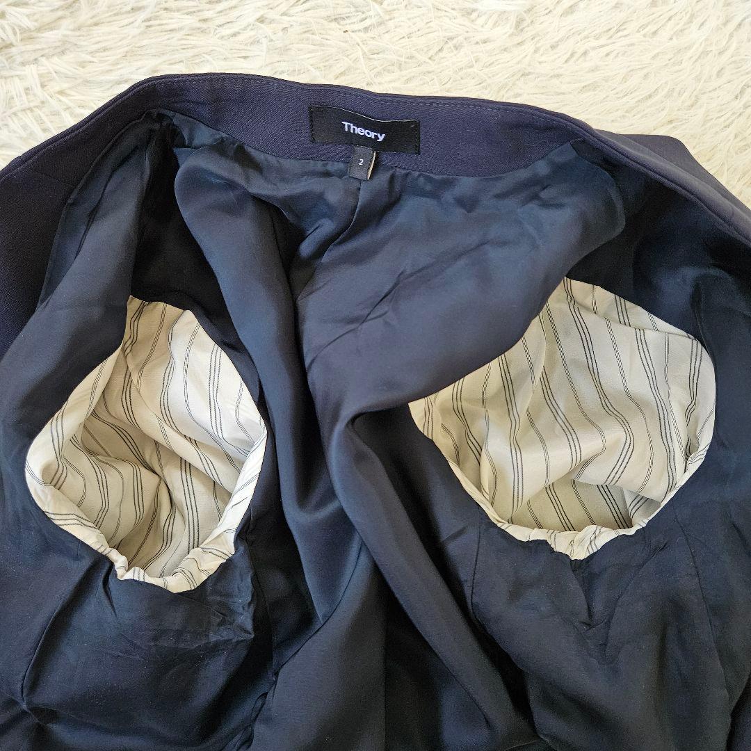 美品 Theory ノーカラージャケット パンツ スーツ 2 M ダークネイビー