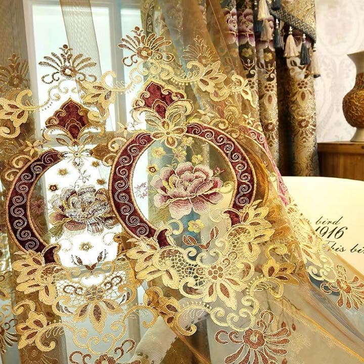 カーテン 高級 ゴールド ドレープカーテン レースカーテン おしゃれ 花柄 刺繍
