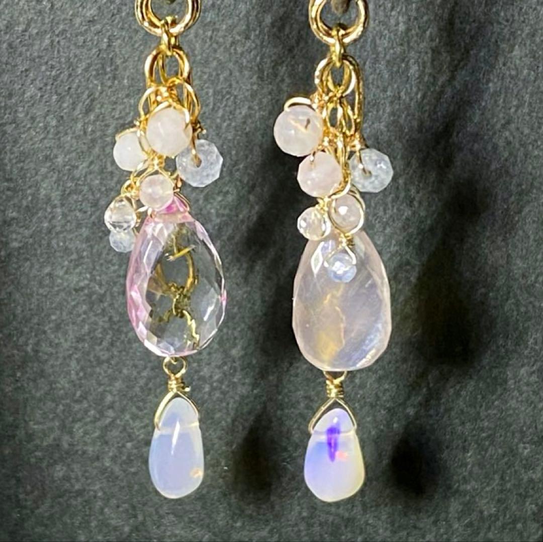 【極上カット】ピンクアシメ☆天然石ピアス