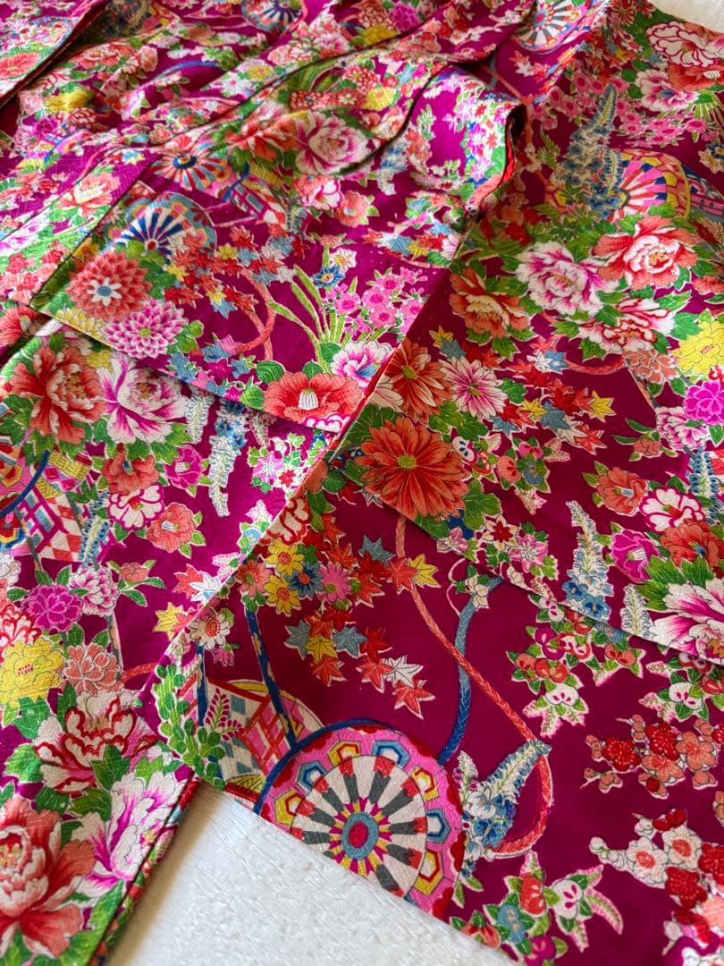 七五三に★正絹アンティーク着物　花車に四季花々　七歳着物、作り帯のセット