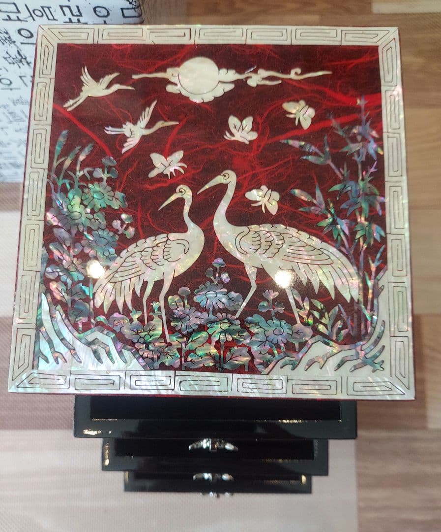 韓国 螺鈿 宝石箱 鶴花蝶 3段 引き出し ジュエリーボックス