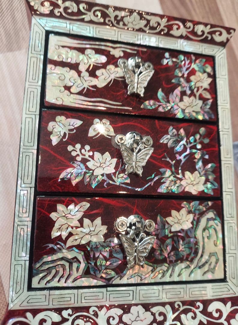 韓国 螺鈿 宝石箱 鶴花蝶 3段 引き出し ジュエリーボックス