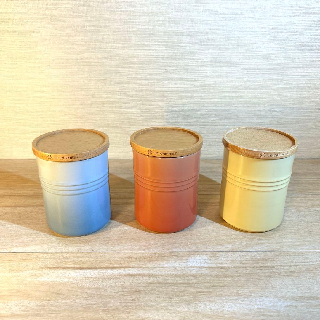 ルクルーゼ　キャニスター　シリンダージャー　木製蓋付き　3個セット