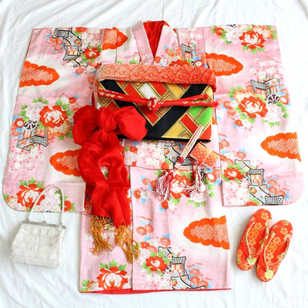 七五三 7歳 女の子 子供 正絹 ビーズバッグ 着物 帯 セット