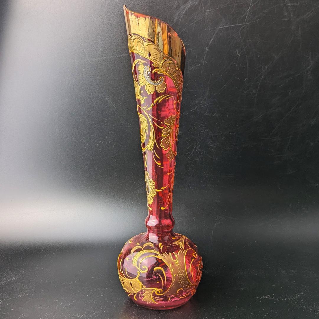 【輝く】オールドモーゼル ルビー 金彩銀彩 唐草紋様 花瓶25cm アンティーク