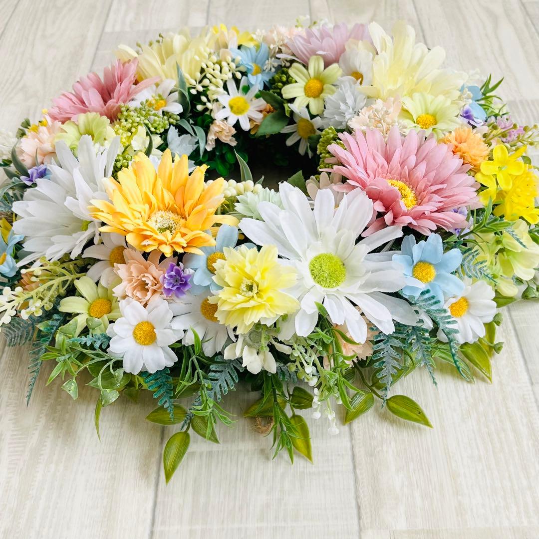 春リース 母の日 プレゼント フラワーリース 春まち パステル 特大 ガーベラ