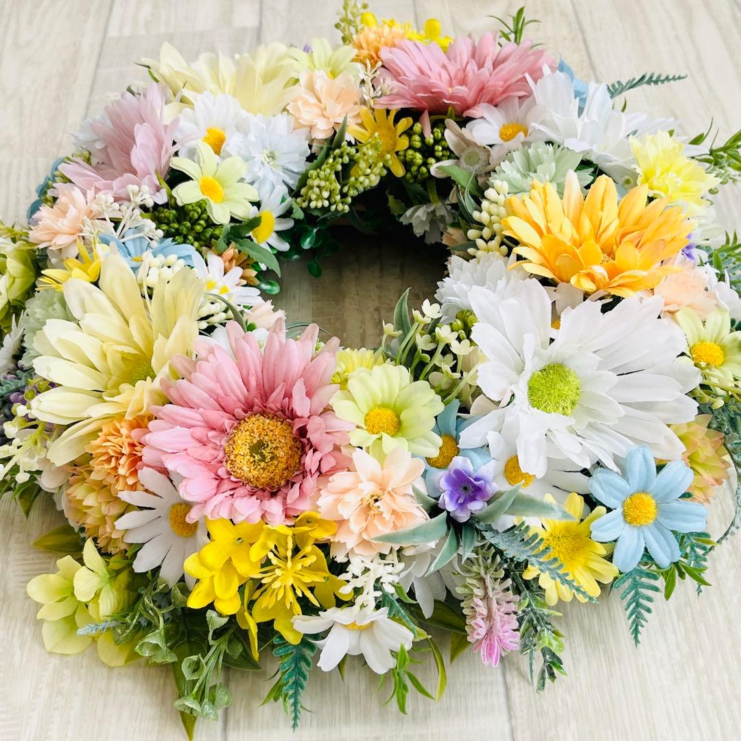 春リース 母の日 プレゼント フラワーリース 春まち パステル 特大 ガーベラ