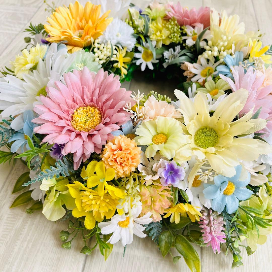 春リース 母の日 プレゼント フラワーリース 春まち パステル 特大 ガーベラ