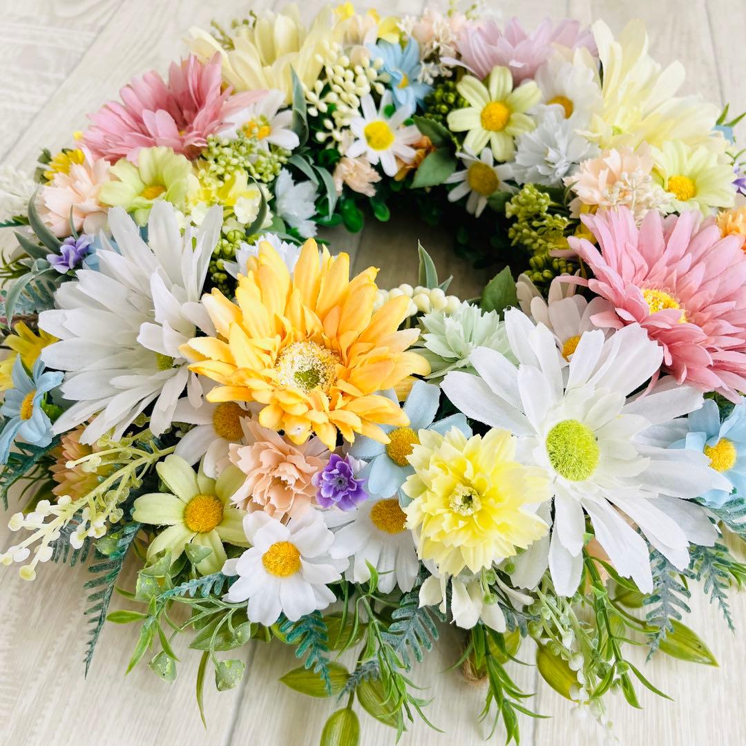 春リース 母の日 プレゼント フラワーリース 春まち パステル 特大 ガーベラ