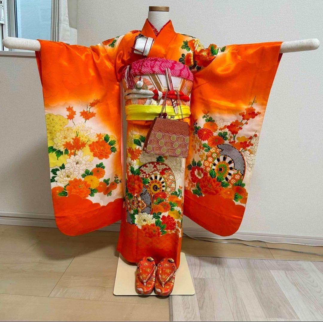 オレンジ　金駒刺繍　源氏車　花　七五三　7歳　13点フルセット　髪飾り付き
