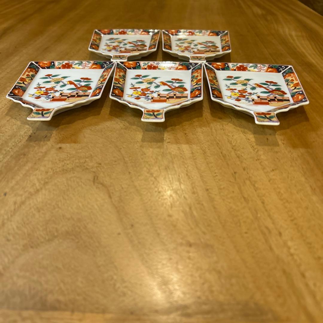 有田焼 醍醐窯　伊万里絵付　金彩花鳥文 羽子板皿　五枚