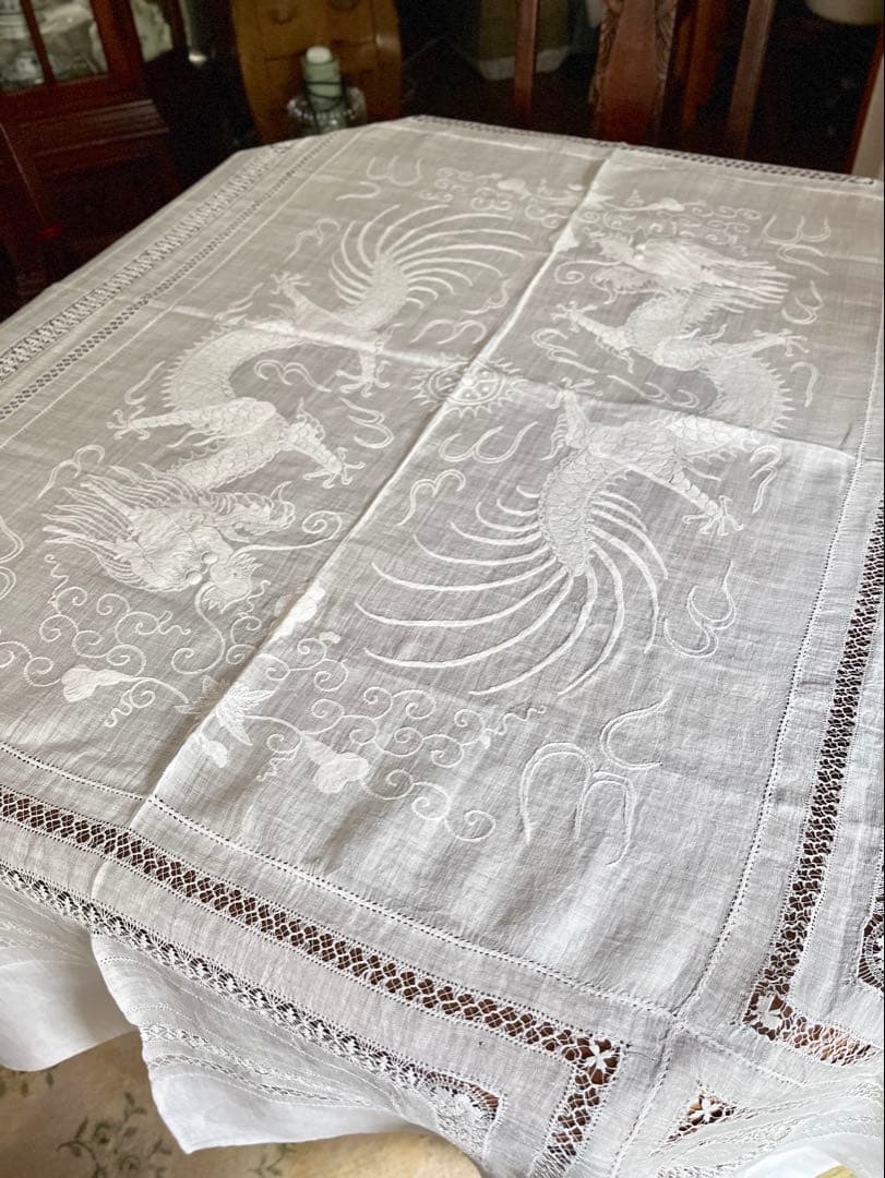 麻 リネン 刺繍 テーブルクロス ドラゴン 龍 ホワイト ベッドカバー