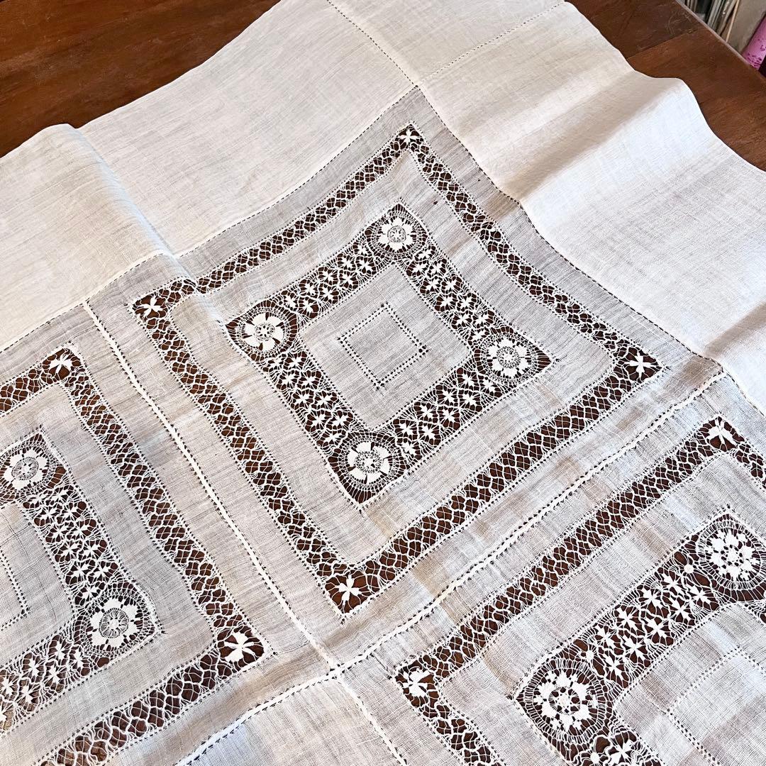 麻 リネン 刺繍 テーブルクロス ドラゴン 龍 ホワイト ベッドカバー