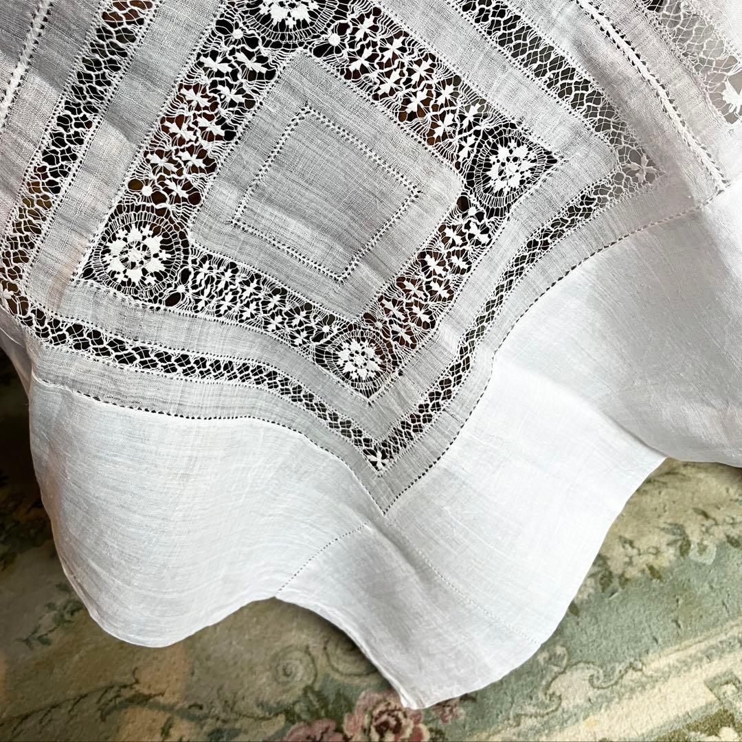 麻 リネン 刺繍 テーブルクロス ドラゴン 龍 ホワイト ベッドカバー