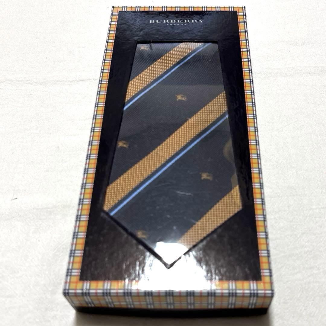 新品　バーバリー　ネクタイ　ネイビー×ライトブラウン　ストライプ　箱付き