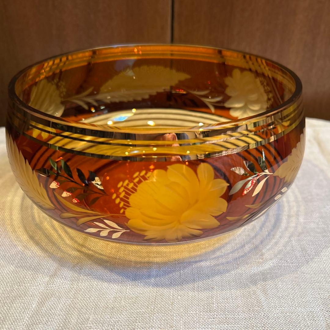ヴィンテージチェコボヘミアングラスアンバーエッチング＆ゴールドインテリアボウル