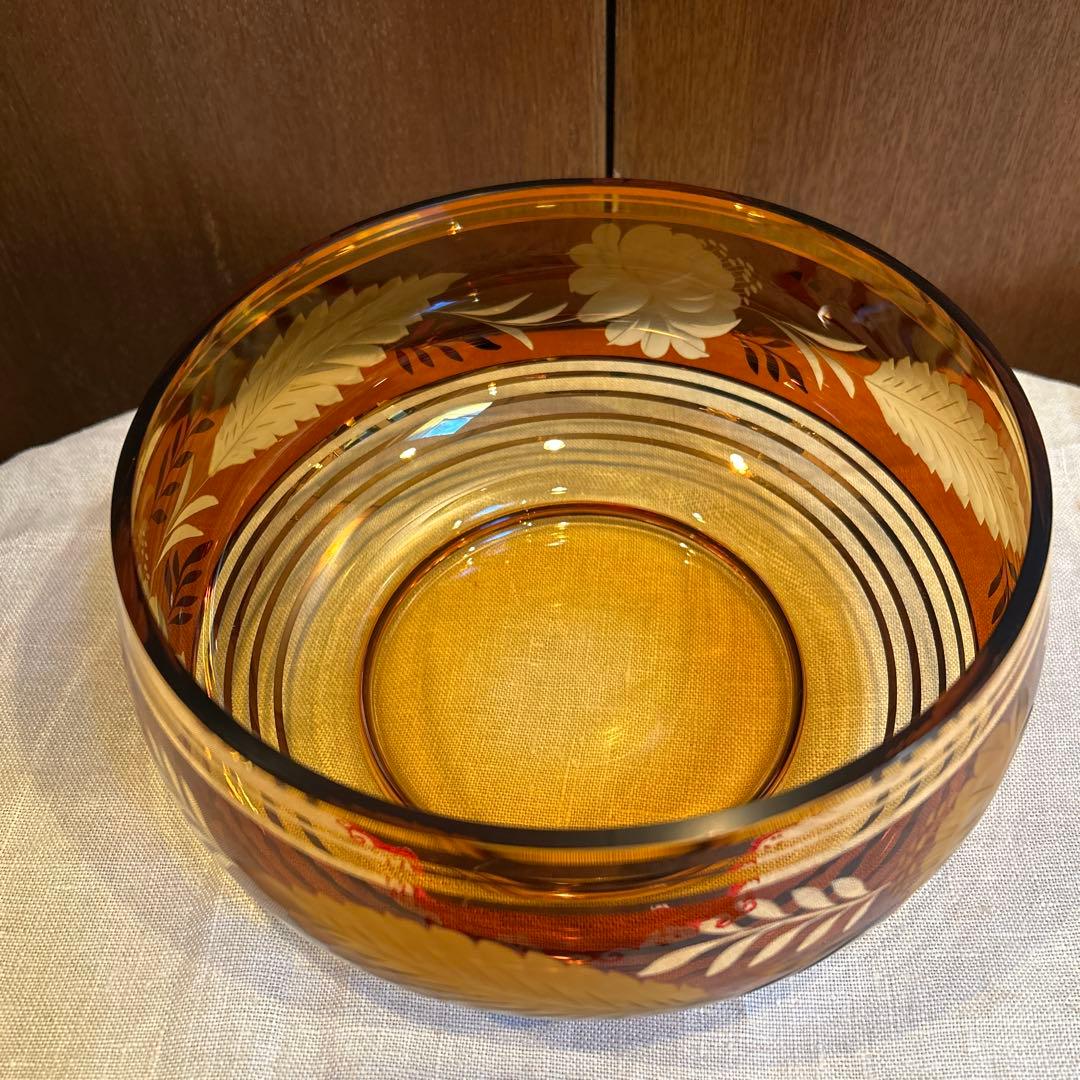 ヴィンテージチェコボヘミアングラスアンバーエッチング＆ゴールドインテリアボウル