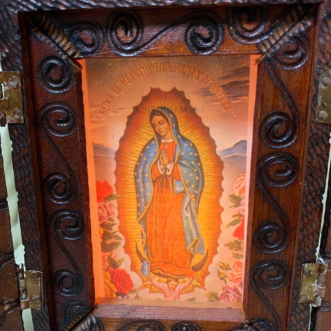 聖母マリアの彫刻入り木製箱　祭壇　キリスト　ローライダー　チカーノ　インパラ