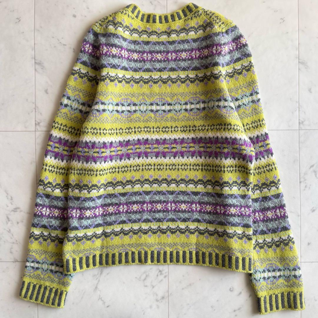 美品 エリべ フェアアイル柄 クルーネック ウールニット◆グリーン