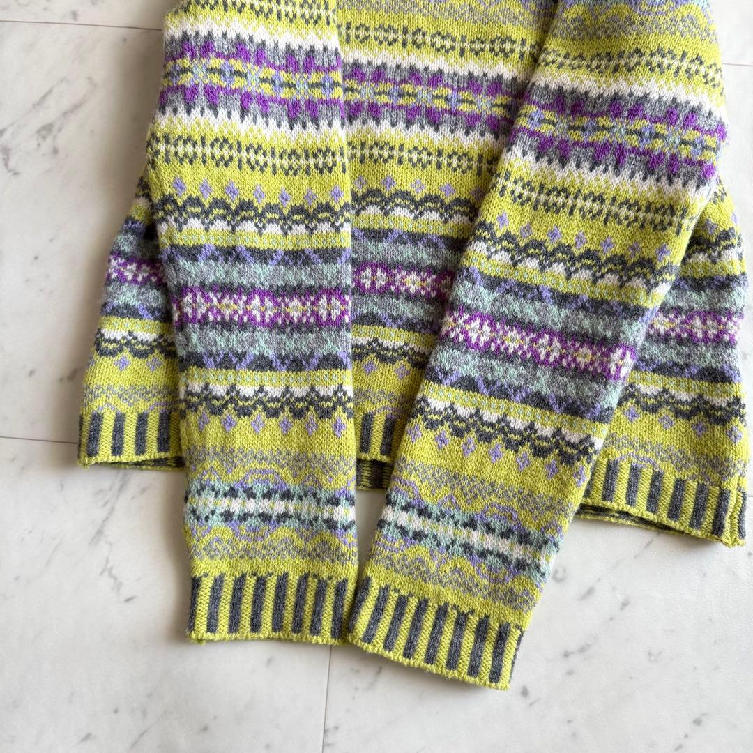 美品 エリべ フェアアイル柄 クルーネック ウールニット◆グリーン