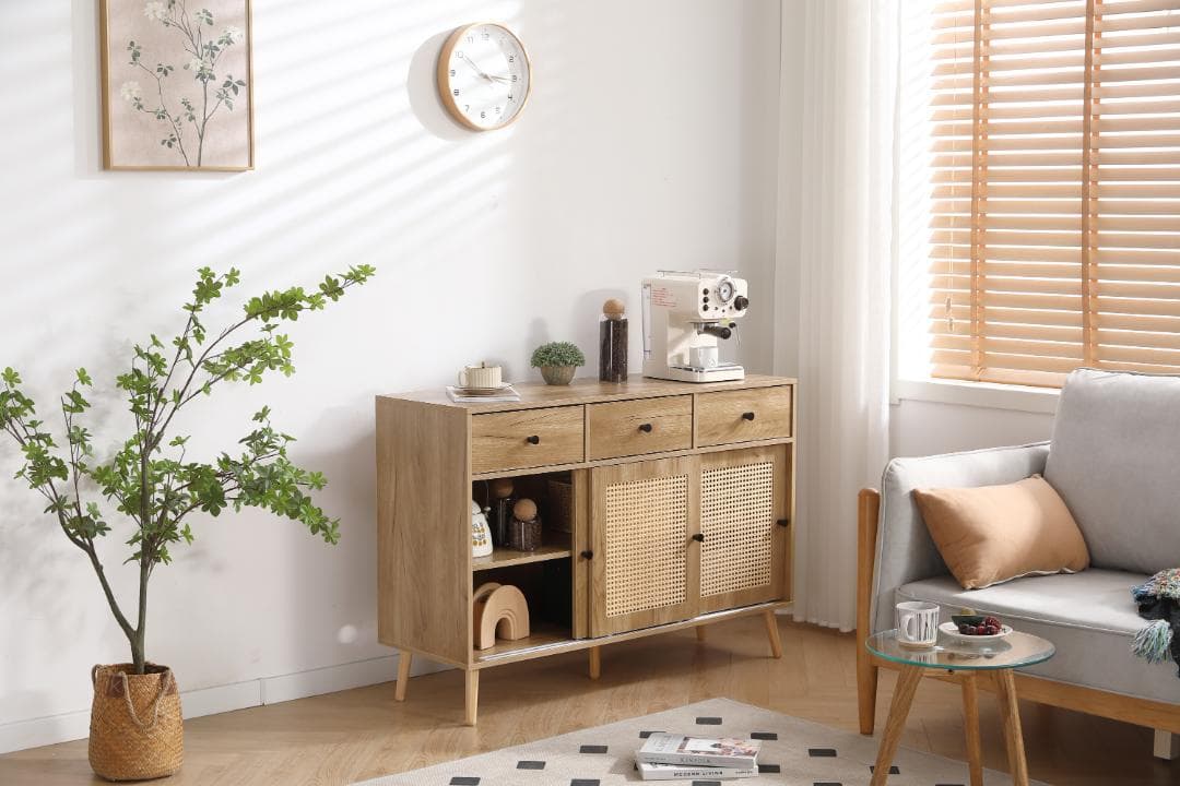 キャビネット サイドボード チェストラタン調 引き出し付き 【ナチュラル】