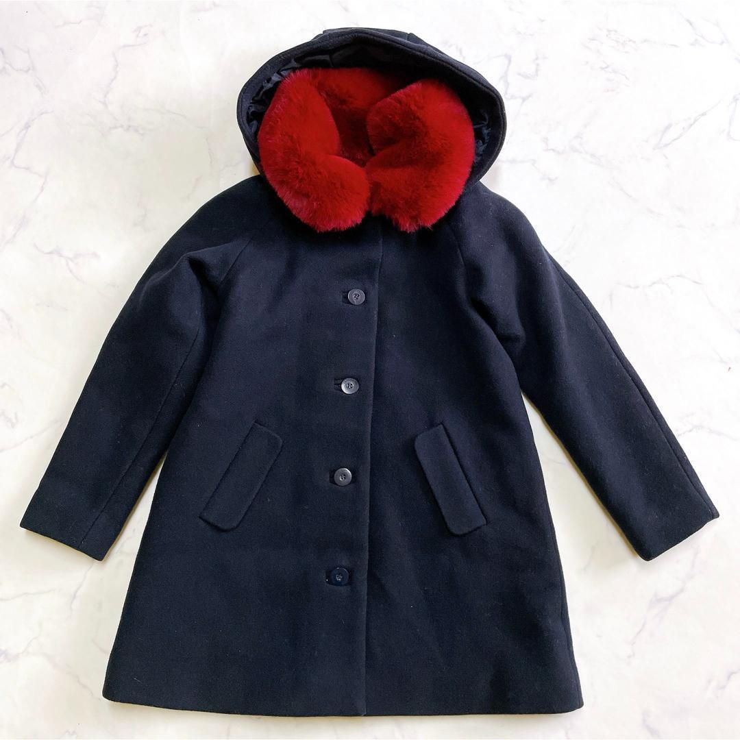 美品 ジャカディ ウールコート 赤ファー付 フード付 3way 128cm 8A
