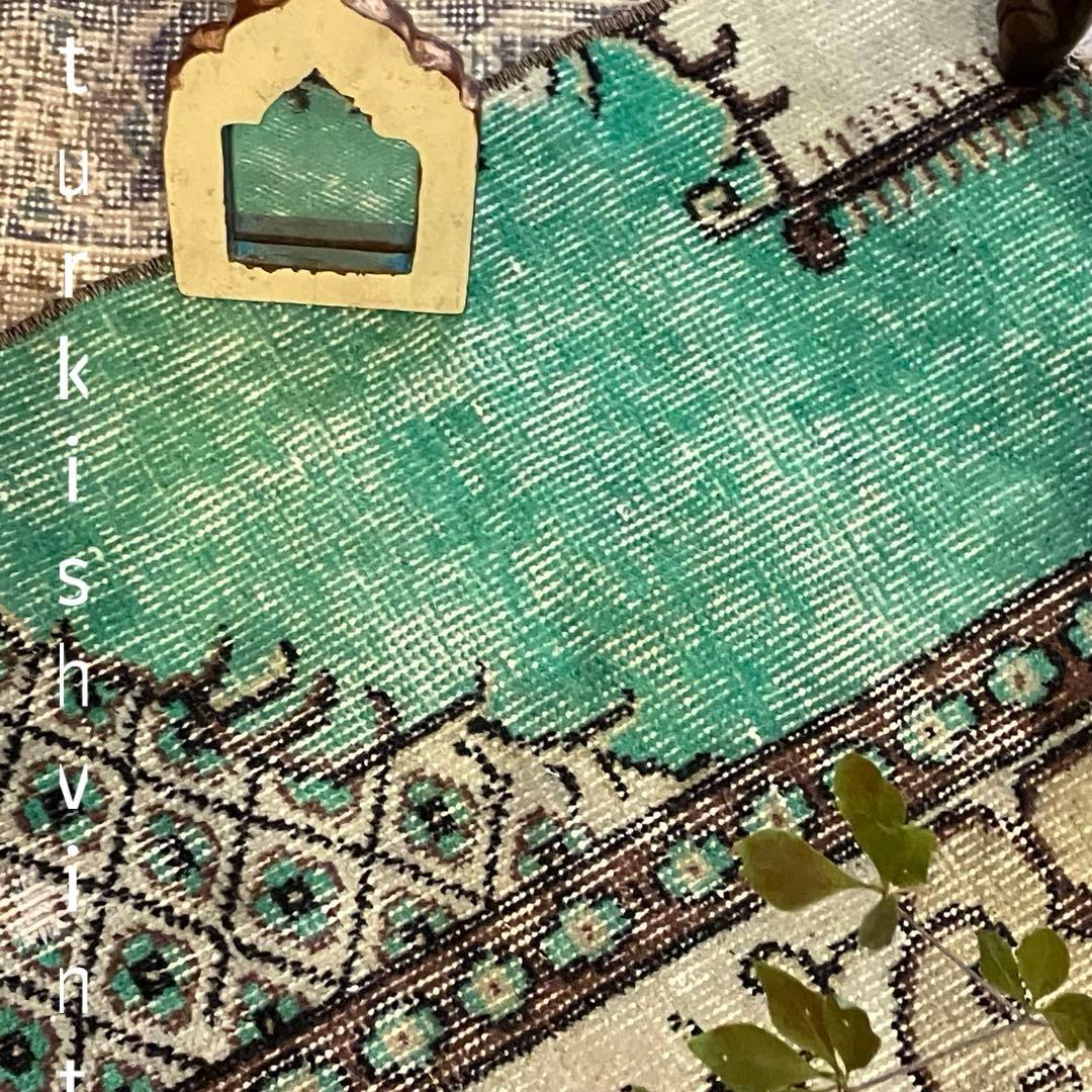 クラシカル柄47×90グリーンアップル　チョコ　フラワー　トルコヴィンテージラグ